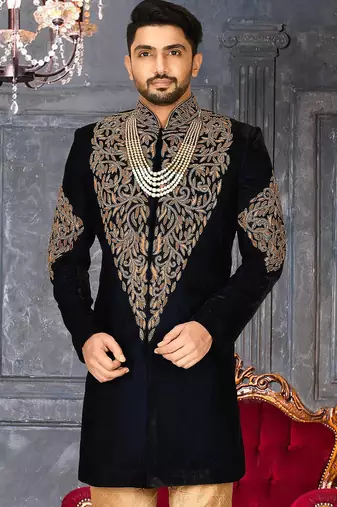 Navy blue navy blue velvet anghrakha design with hand work on collar, front and hand indo western