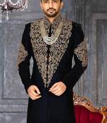 Navy blue navy blue velvet anghrakha design with hand work on collar, front and hand indo western