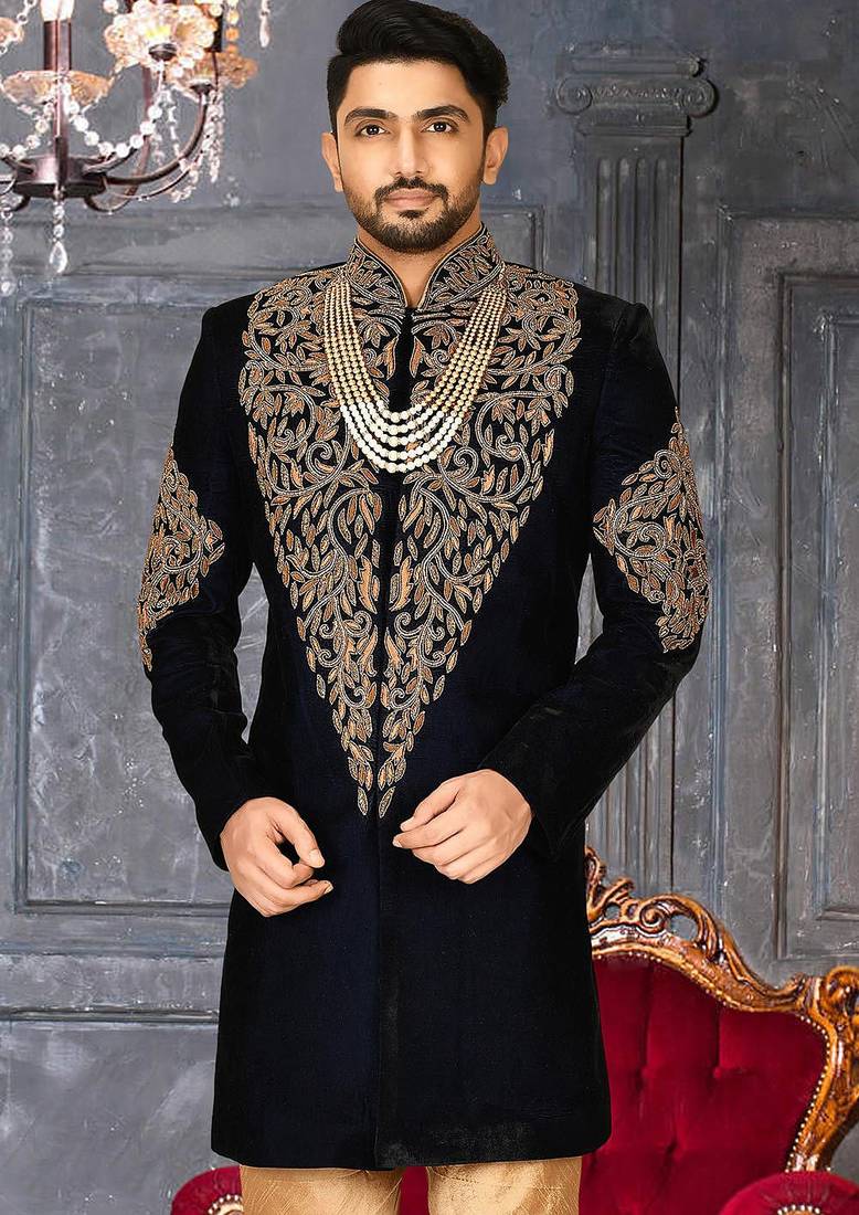 Navy blue navy blue velvet anghrakha design with hand work on collar, front and hand indo western