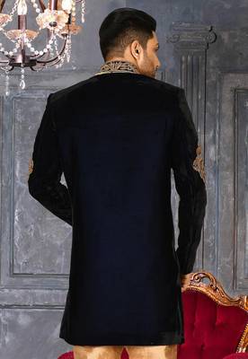 Navy blue navy blue velvet anghrakha design with hand work on collar, front and hand indo western 3