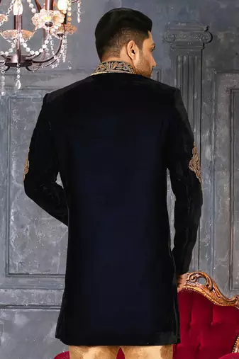 Navy blue navy blue velvet anghrakha design with hand work on collar, front and hand indo western