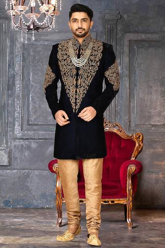 Navy blue navy blue velvet anghrakha design with hand work on collar, front and hand indo western