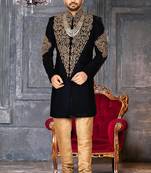Navy blue navy blue velvet anghrakha design with hand work on collar, front and hand indo western