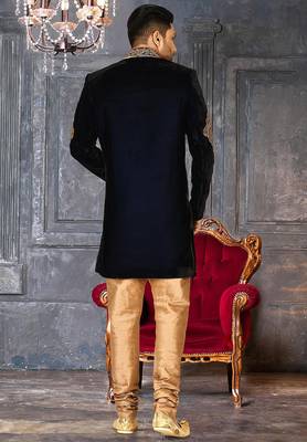 Navy blue navy blue velvet anghrakha design with hand work on collar, front and hand indo western 3