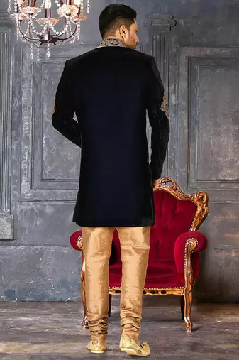 Navy blue navy blue velvet anghrakha design with hand work on collar, front and hand indo western