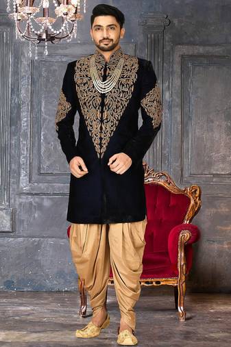 Navy blue navy blue velvet anghrakha design with hand work on collar, front and hand indo western