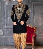 Navy blue navy blue velvet anghrakha design with hand work on collar, front and hand indo western