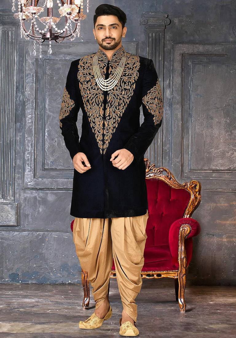 Navy blue navy blue velvet anghrakha design with hand work on collar, front and hand indo western
