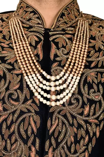 Navy blue navy blue velvet anghrakha design with hand work on collar, front and hand indo western