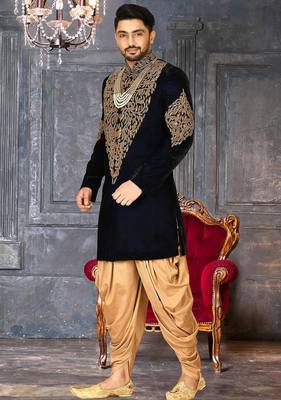 Navy blue navy blue velvet anghrakha design with hand work on collar, front and hand indo western 3