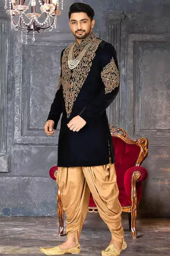 Navy blue navy blue velvet anghrakha design with hand work on collar, front and hand indo western