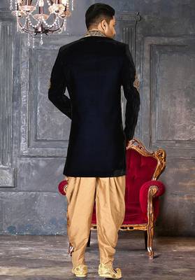 Navy blue navy blue velvet anghrakha design with hand work on collar, front and hand indo western 4