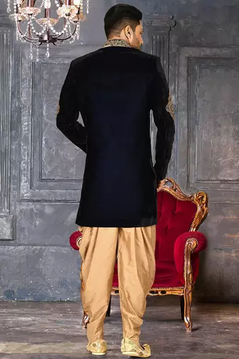 Navy blue navy blue velvet anghrakha design with hand work on collar, front and hand indo western