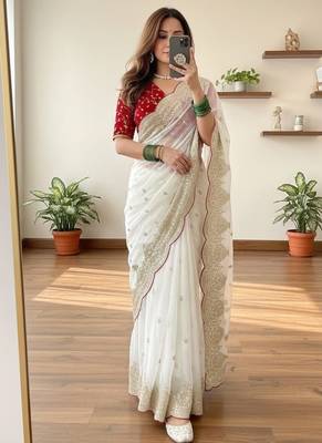 White Color embroidery sequence border work Chiffon Saree 1