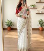 White Color embroidery sequence border work Chiffon Saree