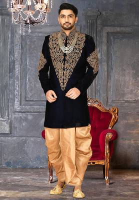 Navy blue navy blue velvet anghrakha design with hand work on collar, front and hand indo western 1