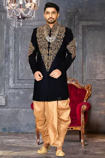 Navy blue navy blue velvet anghrakha design with hand work on collar, front and hand indo western