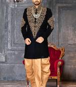 Navy blue navy blue velvet anghrakha design with hand work on collar, front and hand indo western