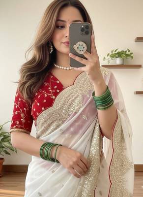 White Color embroidery sequence border work Chiffon Saree 2