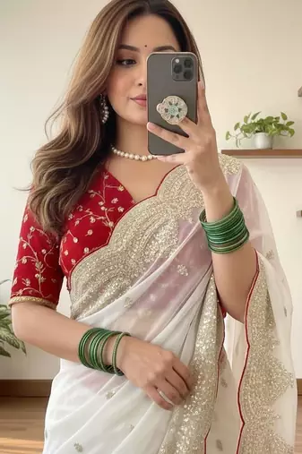 White Color embroidery sequence border work Chiffon Saree