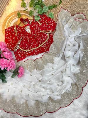 White Color embroidery sequence border work Chiffon Saree 4