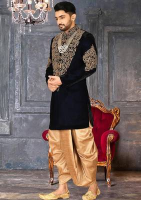 Navy blue navy blue velvet anghrakha design with hand work on collar, front and hand indo western 3