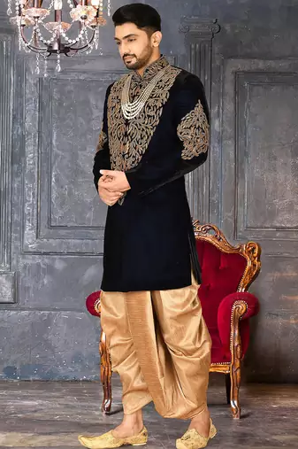 Navy blue navy blue velvet anghrakha design with hand work on collar, front and hand indo western