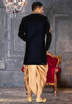 Navy blue navy blue velvet anghrakha design with hand work on collar, front and hand indo western 4