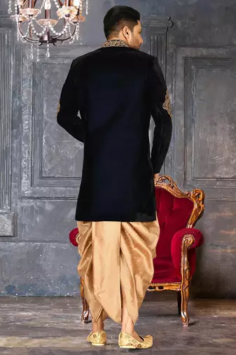 Navy blue navy blue velvet anghrakha design with hand work on collar, front and hand indo western