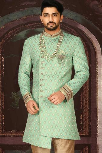 Green anghrakha pattern work with fawn pipe in indo western