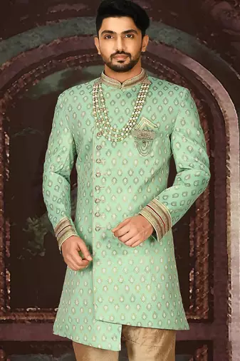 Green anghrakha pattern work with fawn pipe in indo western