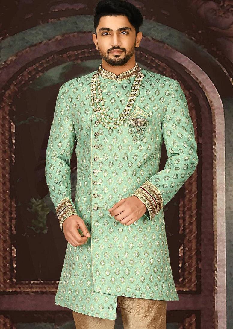 Green anghrakha pattern work with fawn pipe in indo western