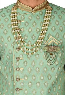 Green anghrakha pattern work with fawn pipe in indo western 2