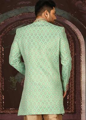 Green anghrakha pattern work with fawn pipe in indo western 4