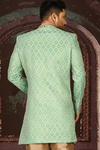 Green anghrakha pattern work with fawn pipe in indo western