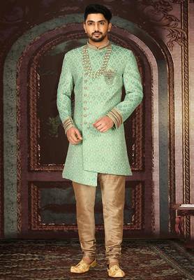 Green anghrakha pattern work with fawn pipe in indo western 1