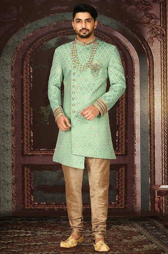 Green anghrakha pattern work with fawn pipe in indo western