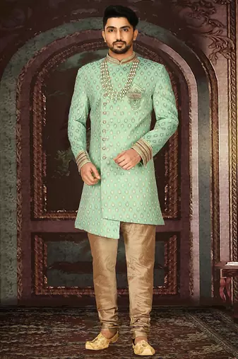 Green anghrakha pattern work with fawn pipe in indo western