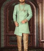 Green anghrakha pattern work with fawn pipe in indo western