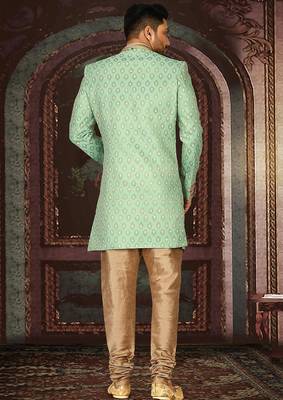 Green anghrakha pattern work with fawn pipe in indo western 3