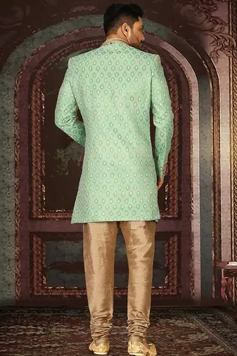 Green anghrakha pattern work with fawn pipe in indo western