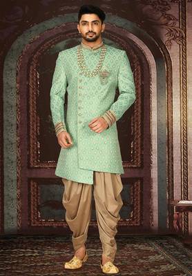 Green anghrakha pattern work with fawn pipe in indo western 1