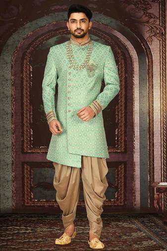 Green anghrakha pattern work with fawn pipe in indo western