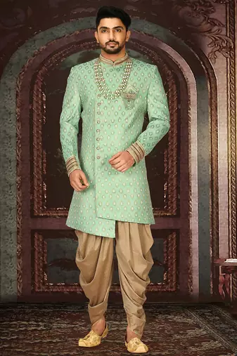 Green anghrakha pattern work with fawn pipe in indo western