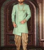 Green anghrakha pattern work with fawn pipe in indo western