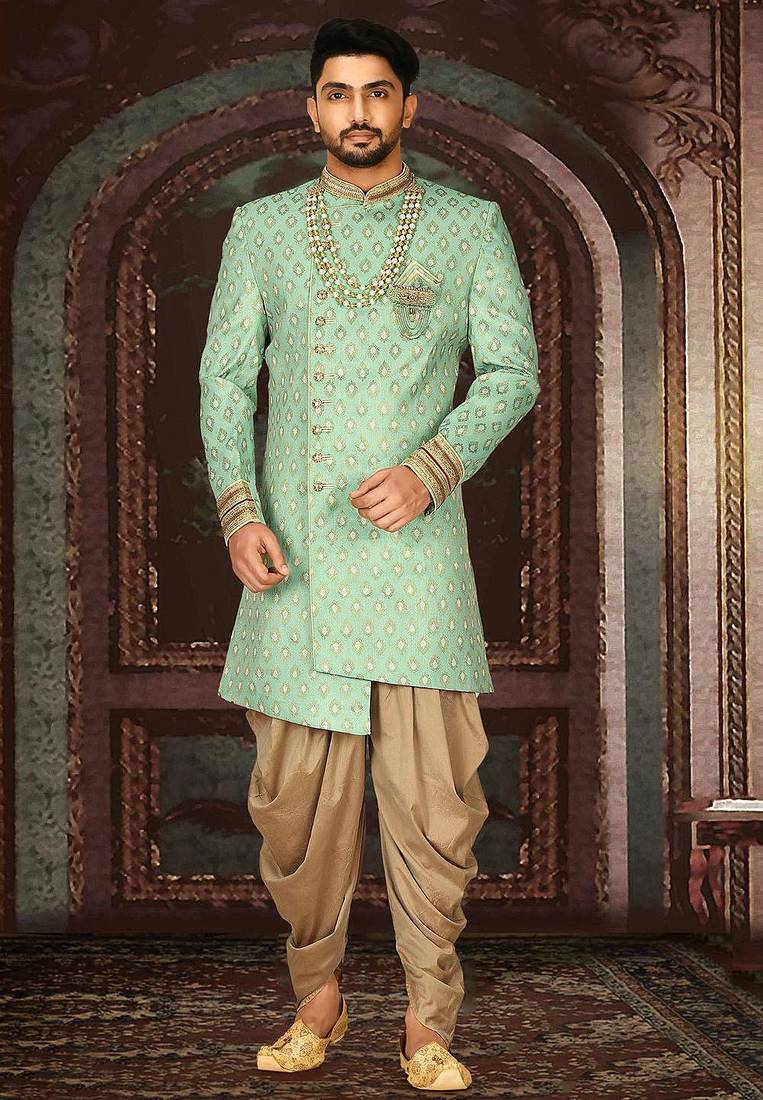 Green anghrakha pattern work with fawn pipe in indo western