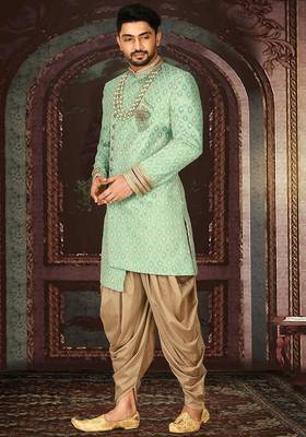 Green anghrakha pattern work with fawn pipe in indo western 3