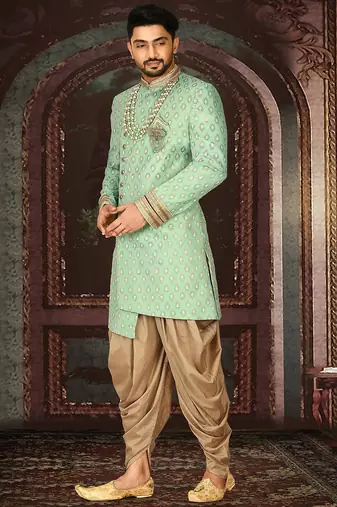 Green anghrakha pattern work with fawn pipe in indo western