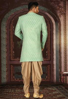 Green anghrakha pattern work with fawn pipe in indo western 4
