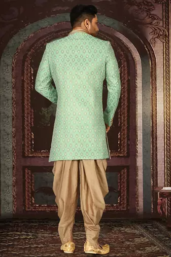 Green anghrakha pattern work with fawn pipe in indo western